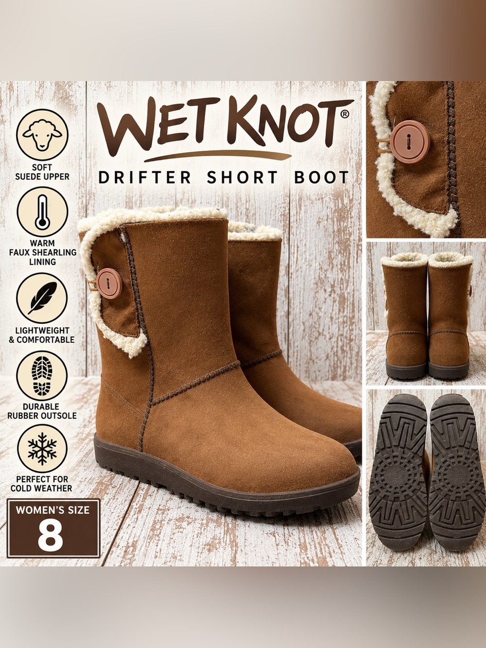 WET KNOT Drifter Short Boot Brown Faux Suede Women’s Size 8